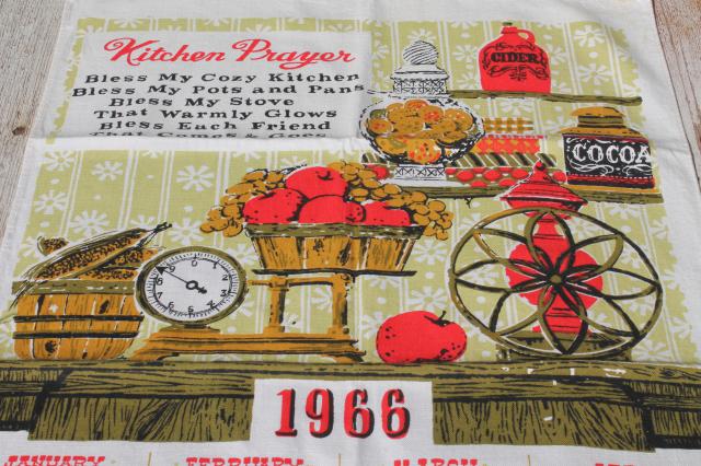 60s vintage printed linen tea towels, kitchen calendar towel lot w/ retro prints