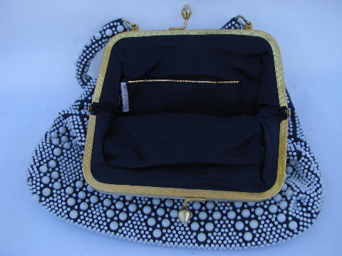 60s vintage purse, retro satchel handbag w/ plastic beads textured navy & white