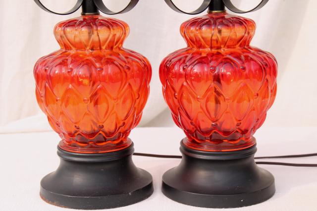 60s vintage retro flame red glass lamps w/ gothic black wrought iron bases