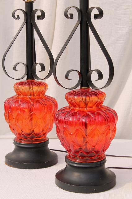 60s vintage retro flame red glass lamps w/ gothic black wrought iron bases