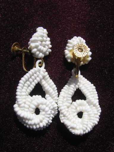 60s vintage screw back earrings, white plastic nautical rope twist dangles