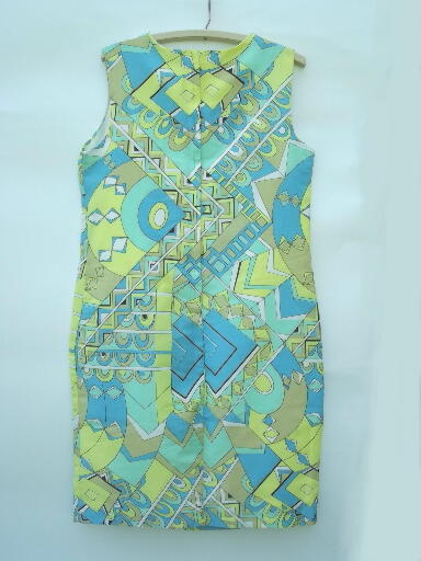 60s vintage shift dress, op-art geometric print, preppy blue & yellow