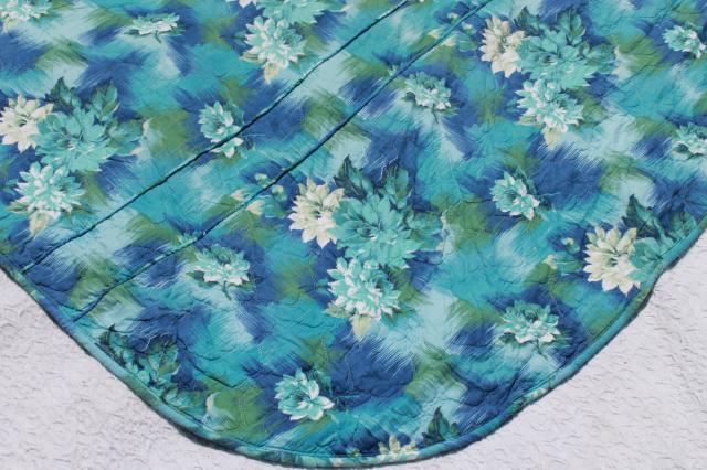 60s vintage soft quilted cotton bedspread, water lilies floral print in blue & green