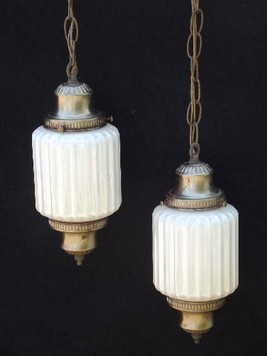 60s vintage swag lamp hanging light w/ double pendant opal glass shades
