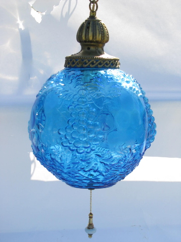 60s vintage swag lamp pendant light, aqua blue glass globe shade w/ grapes