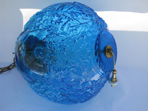 60s vintage swag lamp pendant light, aqua blue glass globe shade w/ grapes