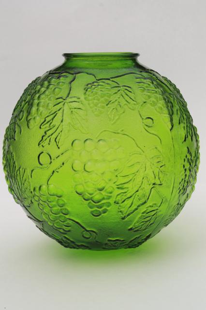 60s vintage swag lamp shade globe, big round pendant lantern green glass w/ grapes