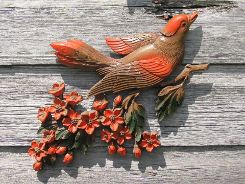 60s vintage Syroco plastic wall art, bird plaques and flowering branch