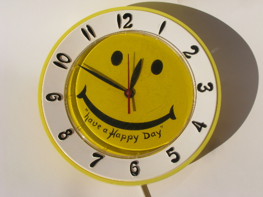 60s vintage yellow smiley face wall clock, happy retro Lux novelty clock