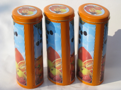 60s-70s Italian metal kitchen canisters fruit print tins vintage Italy