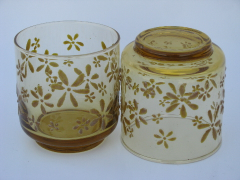60s-70s vintage barware, set of 8 drinks glasses, retro amber daisies!