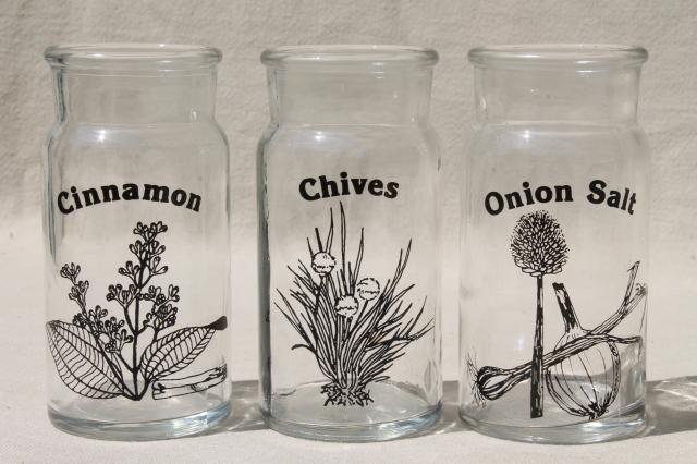 70s 80s mod kitchen glass spice jars set, herbs & spices line drawings art