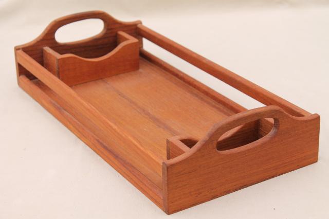 Mid-Century Modern, Teak Wood Drink Caddy/Tray With 6 Rocks Glasses and  Teak Coasters Set- 13 Pieces