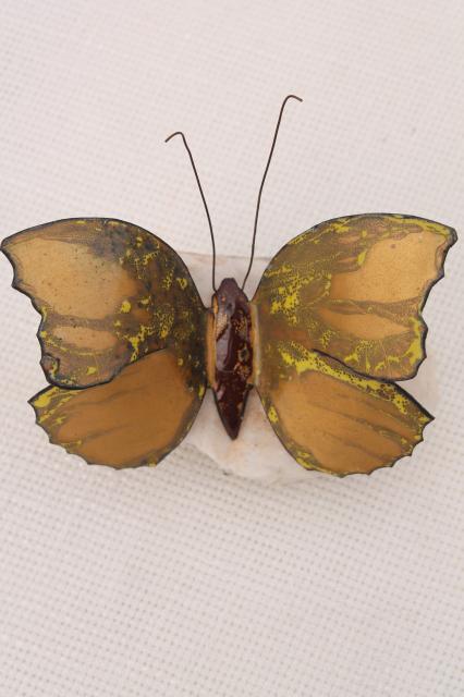 70s 80s vintage art metal sculpture, enamel copper butterfly paperweight natural crystal