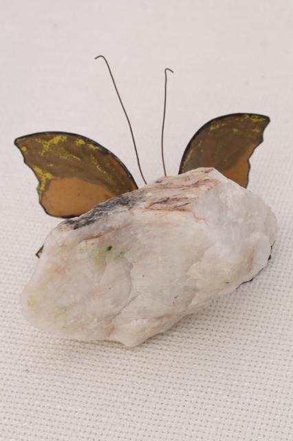 70s 80s vintage art metal sculpture, enamel copper butterfly paperweight natural crystal