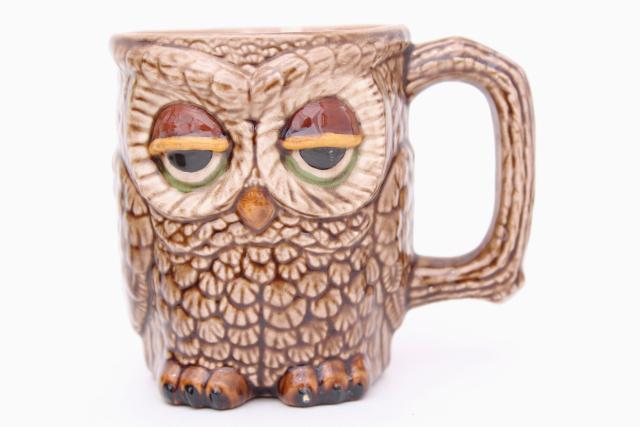 70s 80s vintage owl tree mug rack w/ handmade ceramic owls mugs or coffee cups
