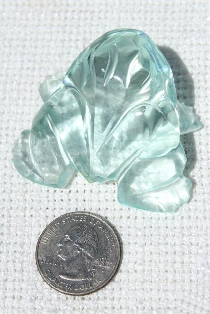 70s Mexican art glass, Aztec carved glass frog fetish, figurine or tiny paperweight
