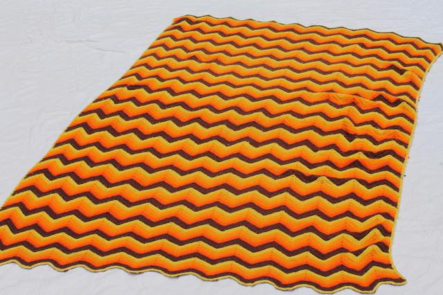 70s groovy crochet blankets, chevron stripes ripple afghans, vintage earth tones harvest colors