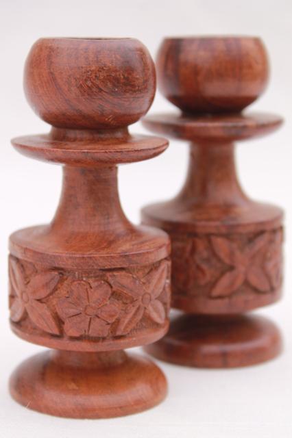 70s hippie bohemian vintage import shop carved wood candle holders, sheesham candlesticks