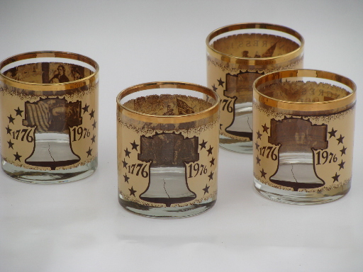 70s low-balls set w/ Founding Fathers 1776, old-fashioned rocks glasses