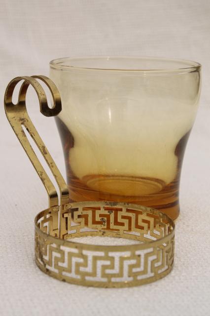 70s mod amber bar glasses w/ greek key bands, set of 8 vintage Libbey glass punch cups