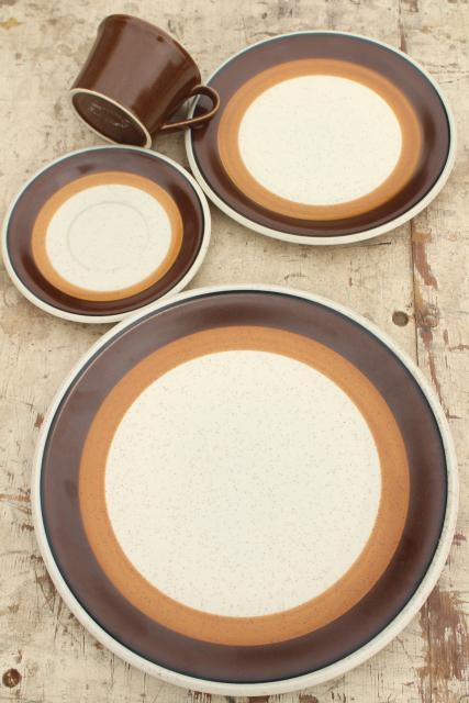 70s mod vintage Imperial Japan stoneware, Mocha brown bands pottery dinnerware set for 8