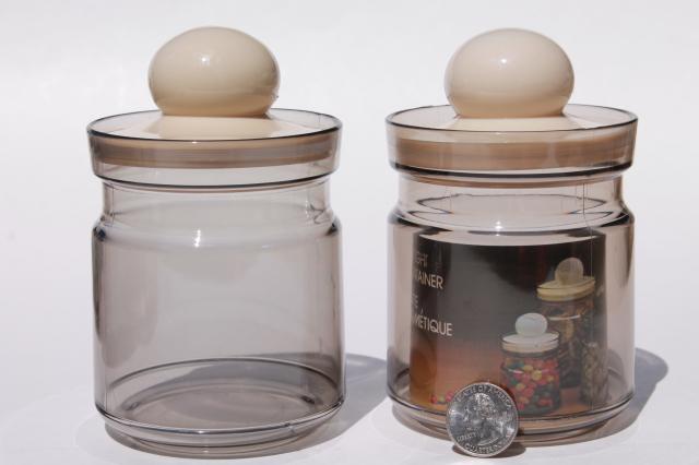 70s mod vintage kitchen canister spice jars, retro acrylic plastic bottles 