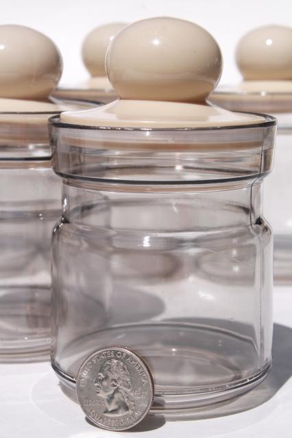 70s mod vintage kitchen canister spice jars, retro acrylic plastic bottles 