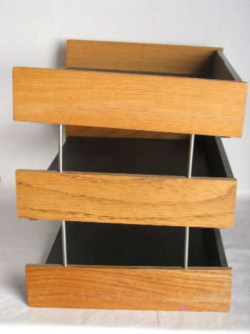 70s mod vintage teak wood three-tier stacking paper tray, very retro!
