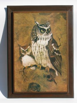 70s owls poster print wall plaque, retro vintage owl picture on wood