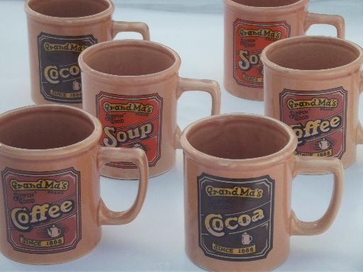 70s retro ceramic mugs for Coffee, Soup, Cocoa, Grand Ma's Brand 'labels'