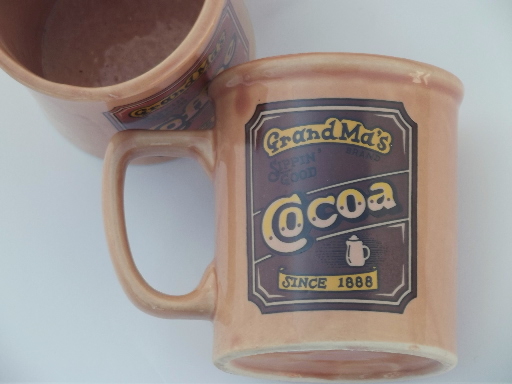 70s retro ceramic mugs for Coffee, Soup, Cocoa, Grand Ma's Brand 'labels'