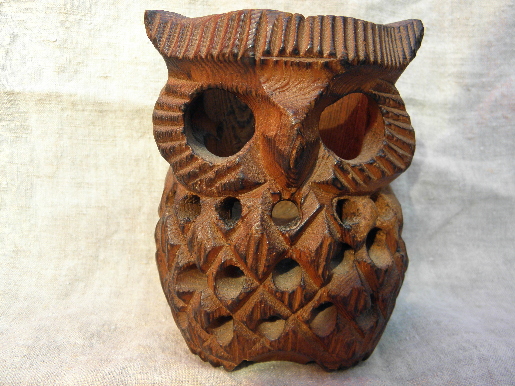 70s retro hand-carved wood owl candle holder, vintage luminaria lamp