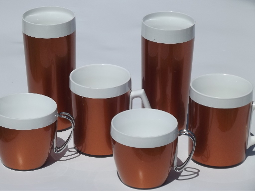 70s retro metallic copper plastic insulated drinkware, Thermo-Serv style