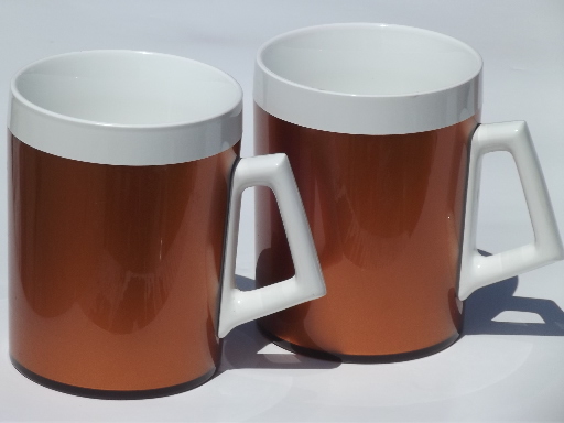 70s retro metallic copper plastic insulated drinkware, Thermo-Serv style