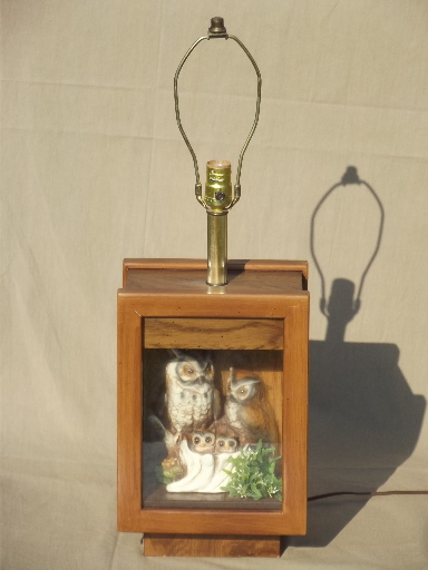 70s retro owl lamp, vintage wood shadowbox lamp  w/ family of china owls