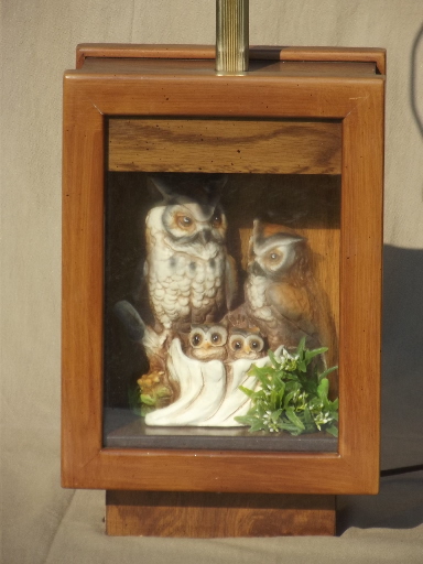 70s retro owl lamp, vintage wood shadowbox lamp  w/ family of china owls
