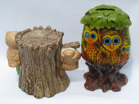 70s retro owls collection, vintage ceramic owl coin banks lot