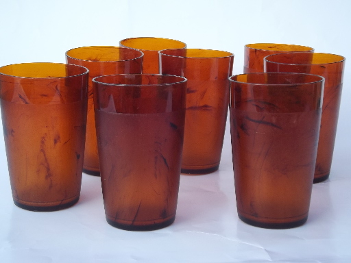 70s retro tortoise shell plastic tumblers, 8 vintage iced tea glasses