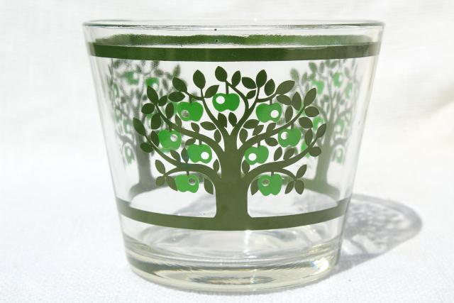 70s vintage Colony glass bowl or ice bucket, mod green apple tree print design
