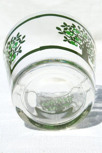 70s vintage Colony glass bowl or ice bucket, mod green apple tree print design