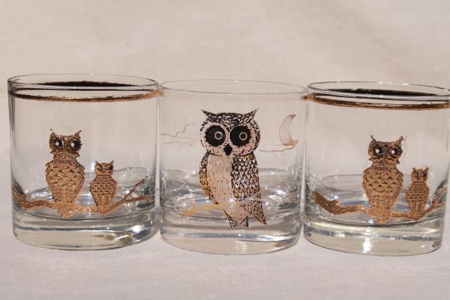 70s vintage Culver / Couroc gold owl drinking glasses w/ different owls designs