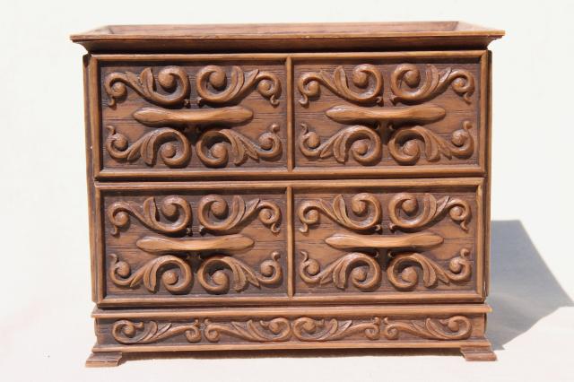 70s vintage Lerner plastic jewelry box / sewing box, carved wood look chest of drawers