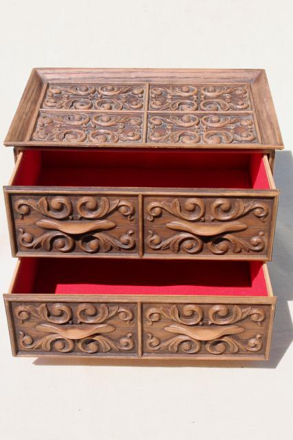 70s vintage Lerner plastic jewelry box / sewing box, carved wood look chest of drawers
