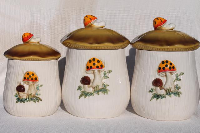 70s vintage Sears Merry Mushroom ceramic canisters, retro mushrooms ceramic Japan