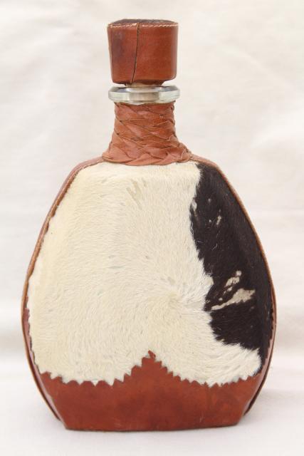 70s vintage Vodka decanter, fur cowhide or horse hair leather wrapped bottle