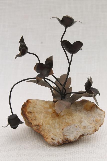 70s vintage art metal sculpture, paperweight rock crystals w/ flowers, minimalist decor