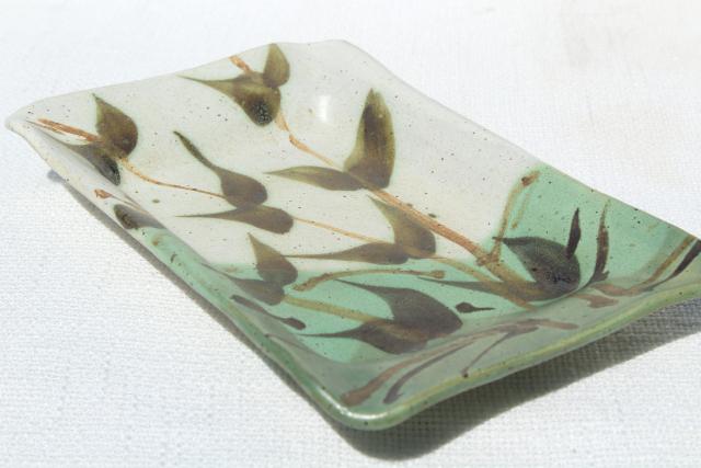 70s vintage artisan pottery tray, hand painted green bamboo brush washer tray