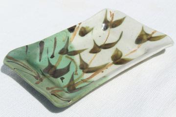 70s vintage artisan pottery tray, hand painted green bamboo brush washer tray