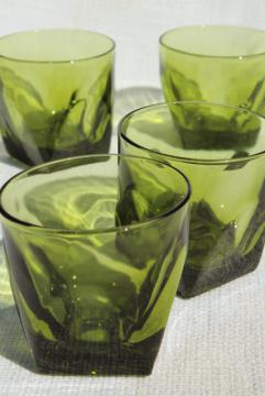 70s vintage avocado green glass on the rocks tumblers, Colony square base tumblers